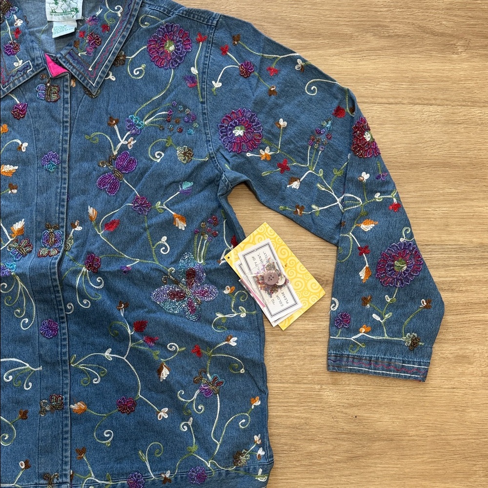 Quacker Factory Denim Jacket with Colorful Embroidery Chambray Bead - Picture 4 of 6